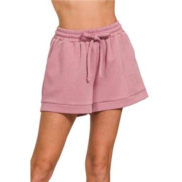 Zenana Textured Knit Jacquard Drawstring Shorts - Picture 3 of 4